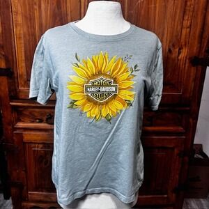 Harley Davidson Sunflower Graphic Tee Women's Light Blue Cotton Blend Size L